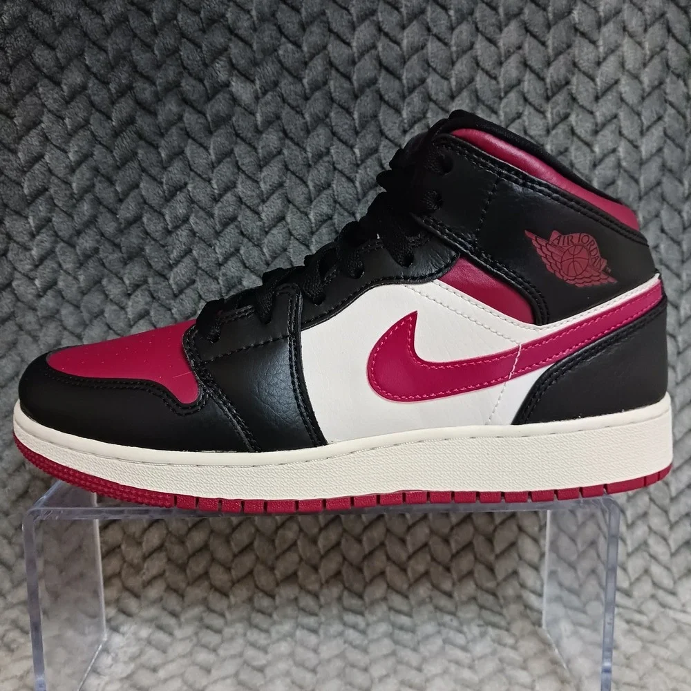 Jordan 1 Mid Bred Toe GS Black Noble Red Youth Basketball Sneakers Shoes Size 6Y